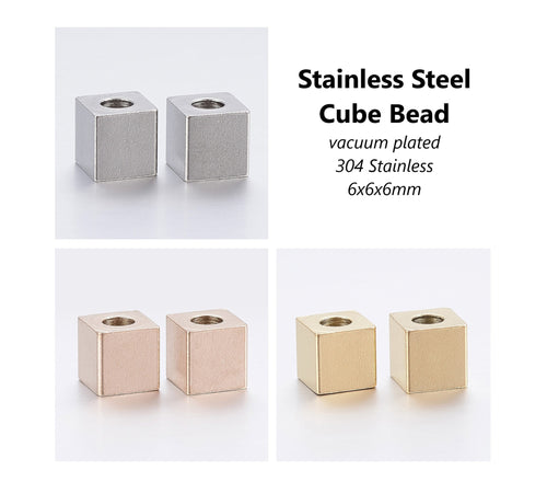 10pcs - 6mm, 304 stainless steel, cube, square, vacuum plated, bead, rose gold, gold, silver, earring, necklace, jewelry, DIY