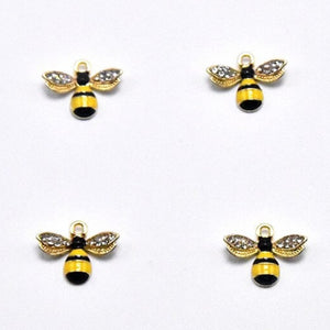 4pcs - 14x18mm, bee, charm, enamel, crystal, rhinestone, gold, yellow, black, nature, honey, pendant, jewelry making, finding