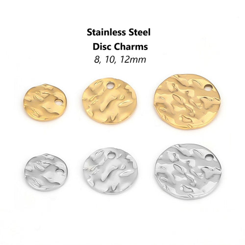 10pcs - 8,10,12mm, Stainless Steel, charm, disc, pendant, round, irregular, hammered, gold, silver, craft, jewelry making, finding, diy