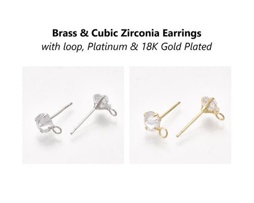 2pcs, Brass & Cubic Zirconia Earrings, platinum plated, 18K gold plated, with loop, findings, jewelry making