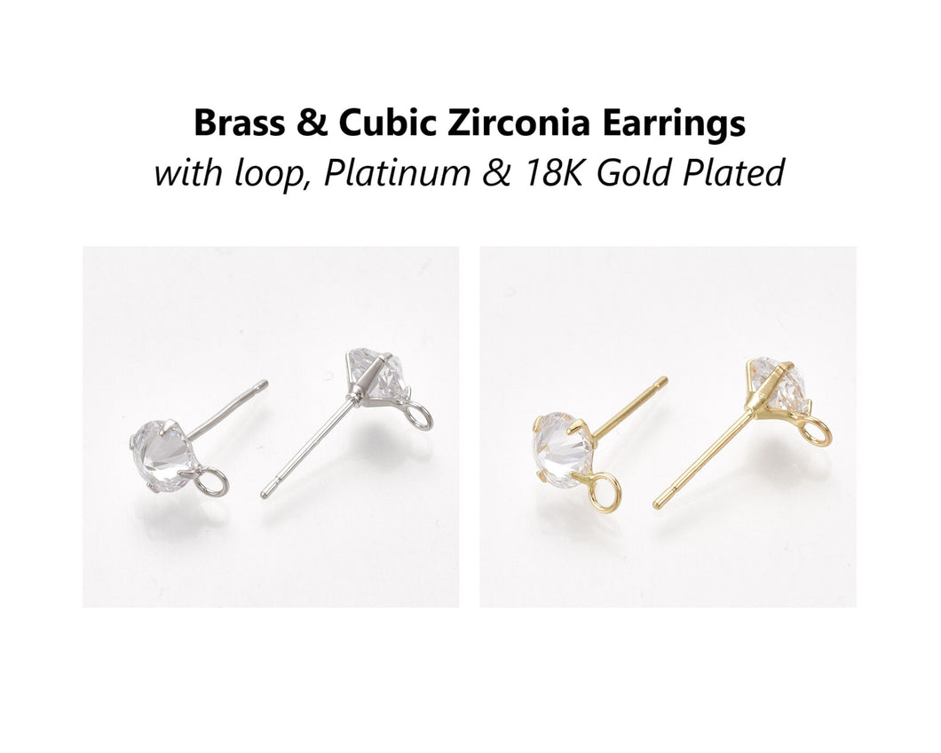2pcs, Brass & Cubic Zirconia Earrings, platinum plated, 18K gold plated, with loop, findings, jewelry making