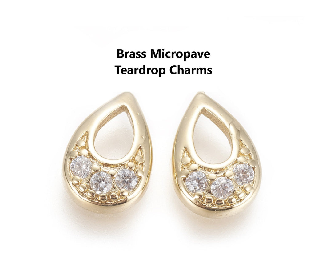 4pcs - Brass Micropave Charm, 18K gold plated, Micropave, Cubic Zirconia, teardrop, waterdrop, hollow, jewelry making