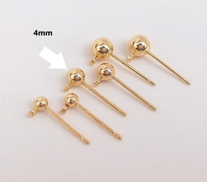 4pcs - 3,4mm, 14K Gold Plated, earring post, ball head, connector, finding, charm, pendant