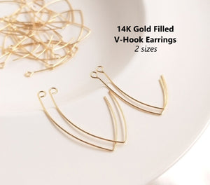4pcs - 2 sizes, 14K Gold Filled, V-Hook, earring, French hook, copper base, connector