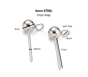 20pcs - 3,4,5,6mm, 316L surgical stainless steel pin, 304 stainless steel ball, earring ball post, loop, connector, component, jewelry, DIY
