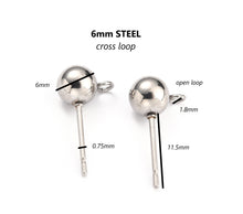 Load image into Gallery viewer, 20pcs - 3,4,5,6mm, 316L surgical stainless steel pin, 304 stainless steel ball, earring ball post, loop, connector, component, jewelry, DIY