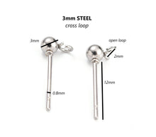 Load image into Gallery viewer, 20pcs - 3,4,5,6mm, 316L surgical stainless steel pin, 304 stainless steel ball, earring ball post, loop, connector, component, jewelry, DIY