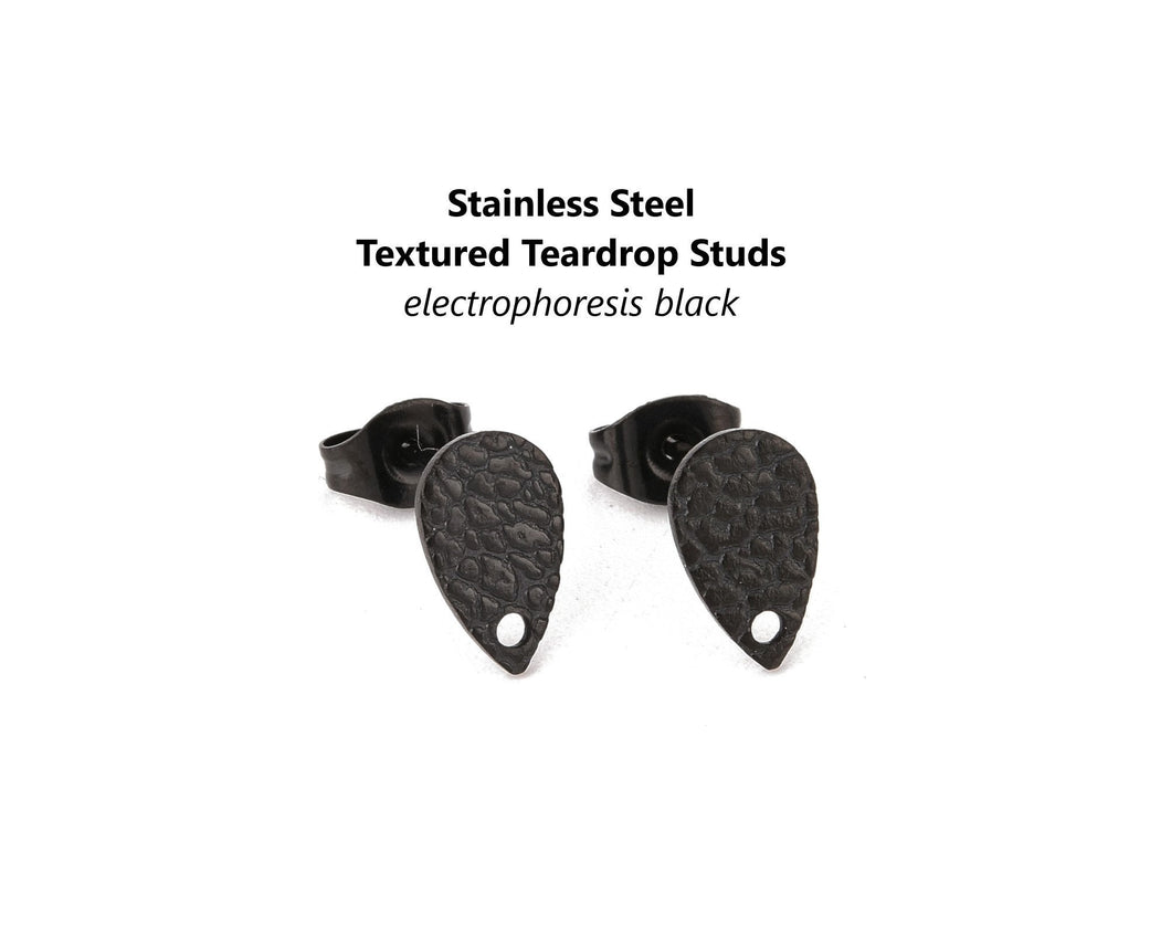10pcs - 10x6mm, 304 stainless steel, textured, teardrop, electrophoresis black, hammered, earrings, post, stud, jewelry making, earrings
