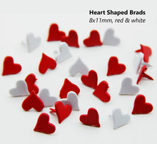 Load image into Gallery viewer, 25pcs - 11x8mm, brads, hearts, red, white, paper fasteners, scrapbooking, round, metal, crafts, diy