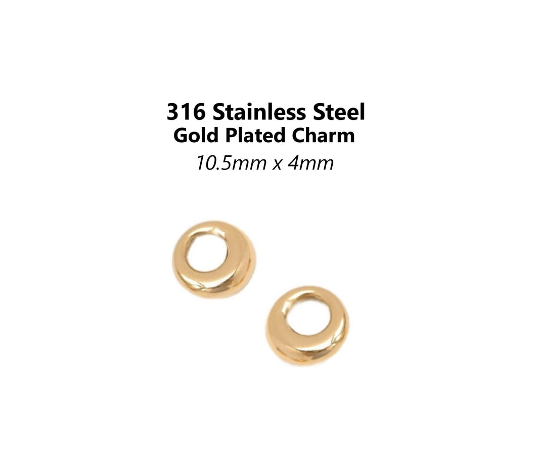 2pcs - 11mm, 316 stainless Steel, Gold Plated, hollow, round, drop, charm, pendant, tiny, zircon, crystal, copper base, connector