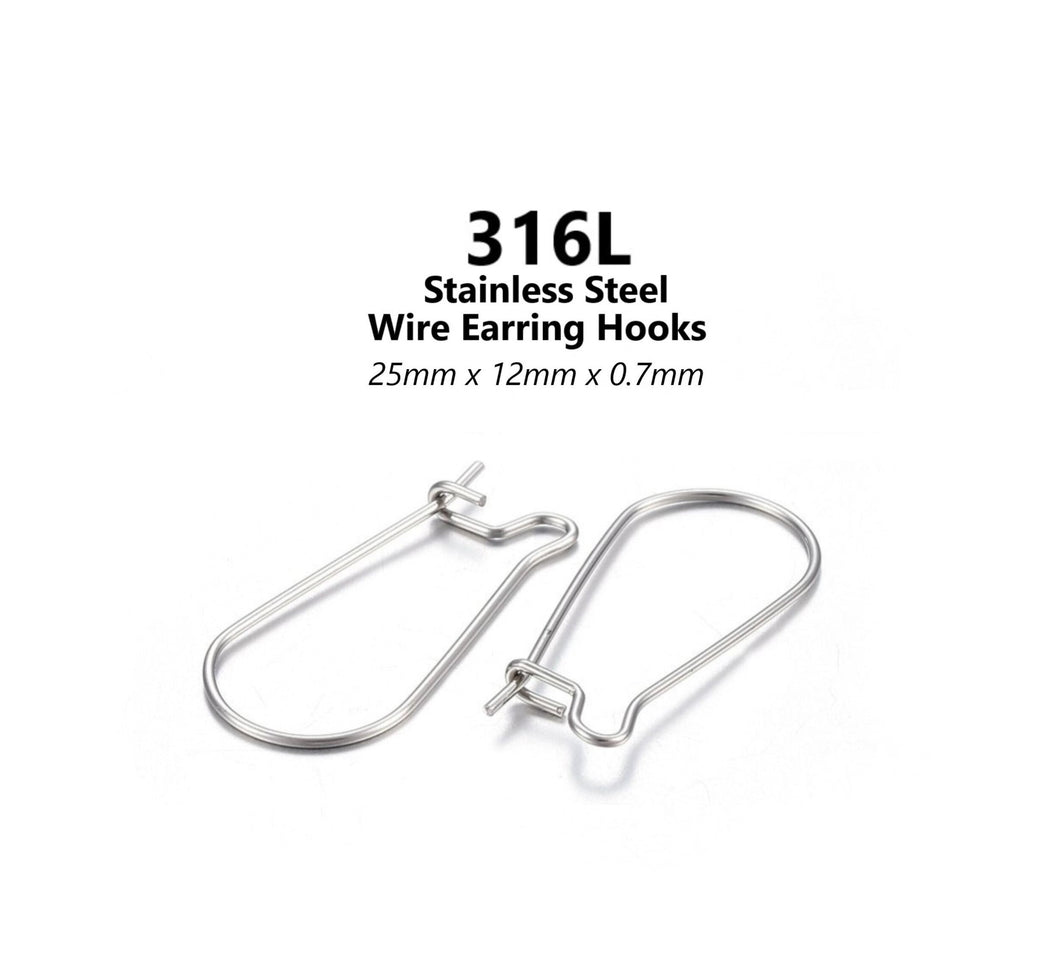 20pcs - 25x12mm, 316L Stainless Steel, earring wire, hypoallergenic, kidney, earring accessory, wire, finding, earring pendant, jewelry
