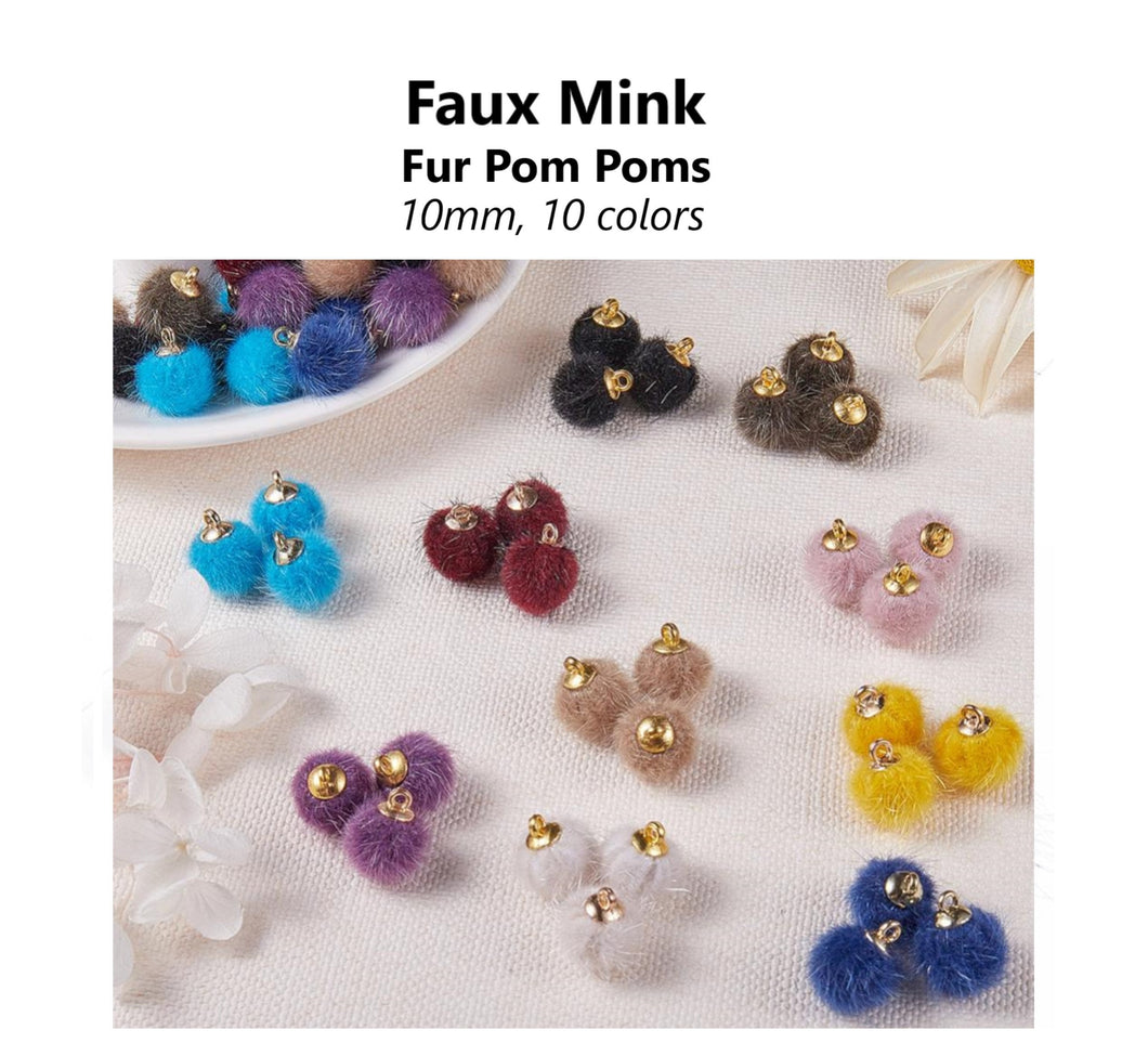 10pcs - 10mm, faux mink, pompom, mini, fur, ball, pendant, charm, jewelry making, necklace, earrings, diy