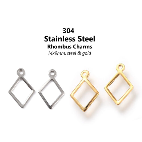 20pcs - 14x9mm, 304 stainless steel, rhombus, diamond, charm, steel, gold, dangle, pendant, earring, component, connector, charm, jewelry,