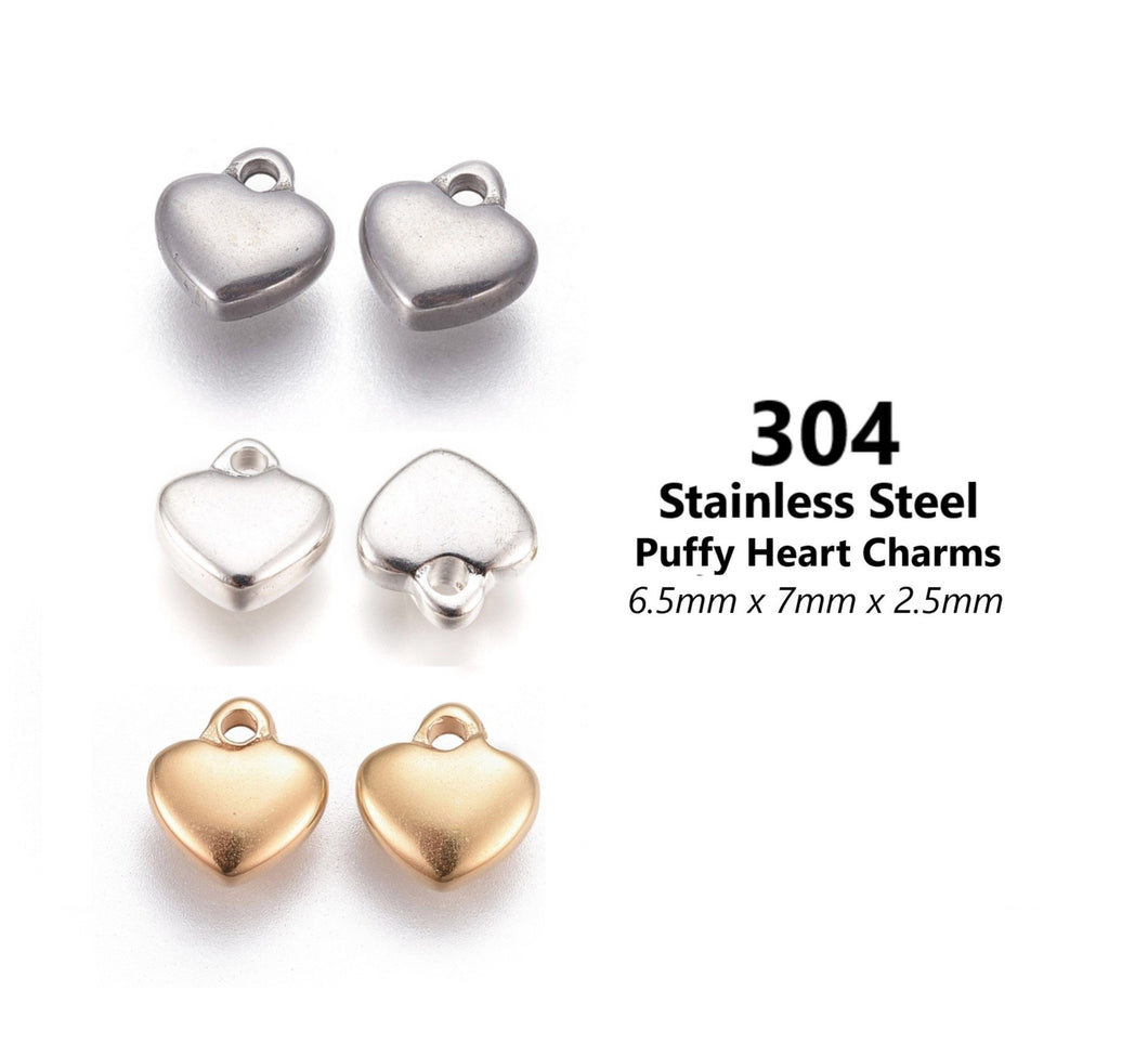 10pcs - 7mm, 304 Stainless Steel, heart, solid, charm, pendant, gold, silver, steel, craft, jewelry making, finding, diy