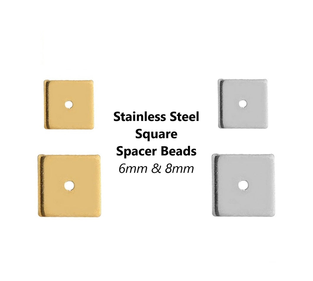 20pcs - 6mm, 8mm, stainless steel, spacer bead, square, gold, steel, thin, pendant, dangle, earring, component, charm, jewelry