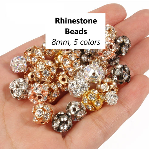 20pcs - 8mm, bead, rhinestones, crystal, ball, 14K gold, rose gold, silver, AB crystal, metal, spacer beads, component, jewelry, DIY,