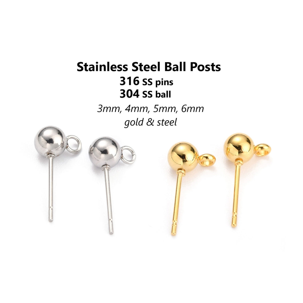 20pcs - 3,4,5,6mm, 316L surgical stainless steel pin, 304 stainless steel ball, earring ball post, loop, connector, component, jewelry, DIY