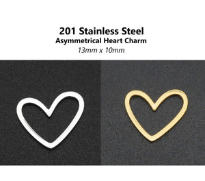 10pcs - 13mm, Stainless Steel, heart, charm, pendant, gold, steel, craft, jewelry making, finding, diy