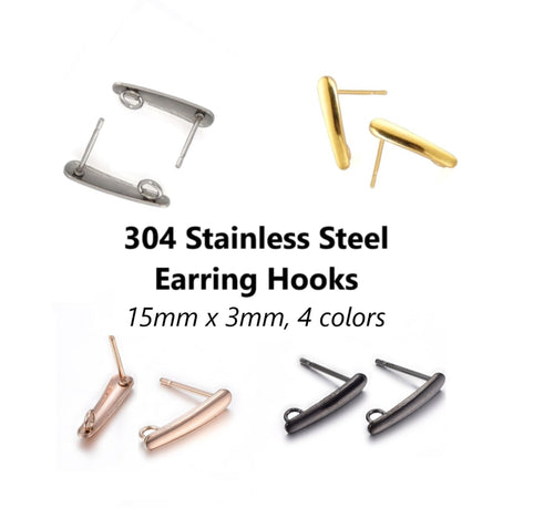 20pcs - 15x3mm, 304 stainless steel, steel, gold, rose gold, black, earring post, earring hook, connector, component, jewelry, DIY