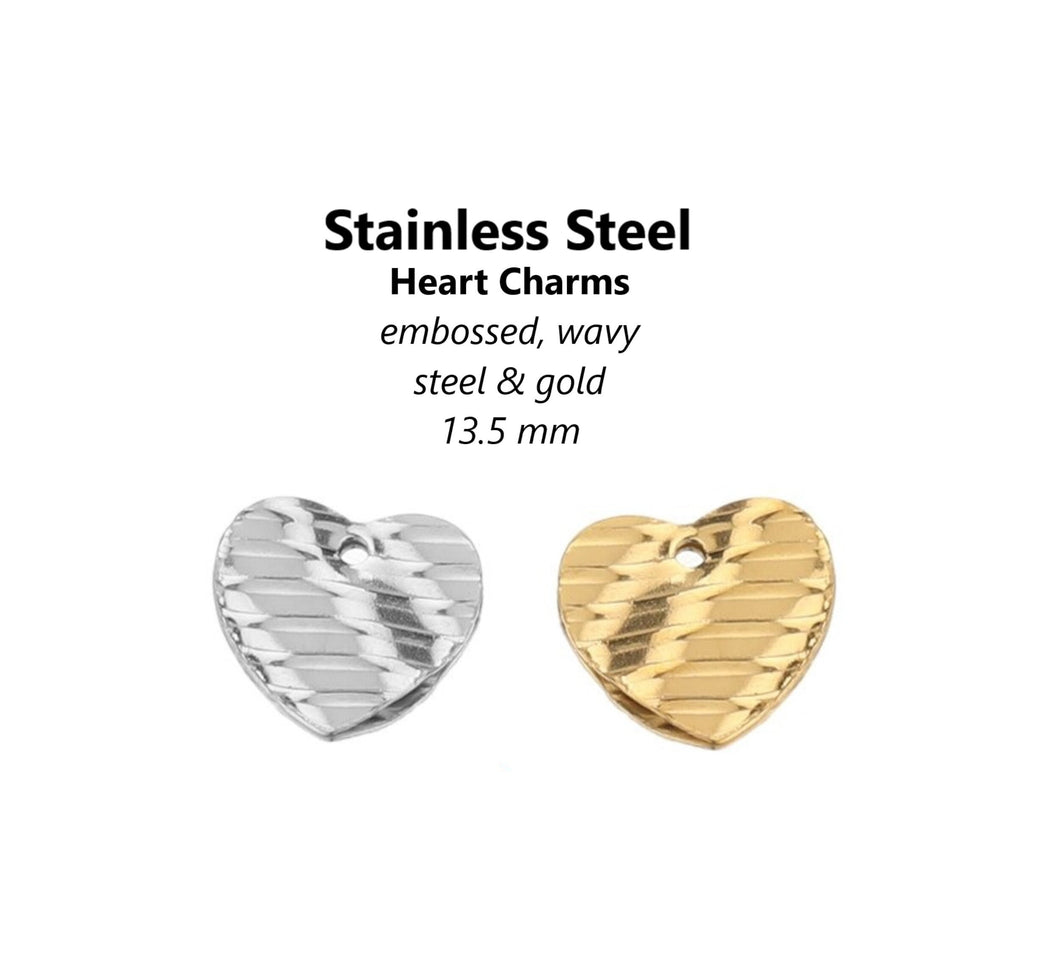 10pcs - 13,5mm, Stainless Steel, heart, charm, pendant, wavy, embossed, gold, steel, craft, jewelry making, finding, diy