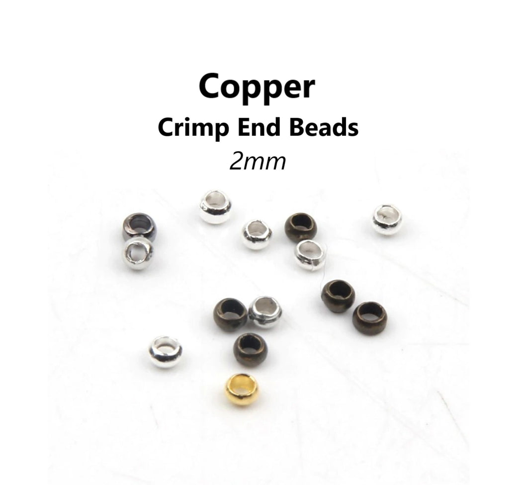 100pcs - 2mm, crimp end beads, gunmetal, gold, silver, red copper, mixed, tiny, metal, finding, jewelry making, DIY, craft