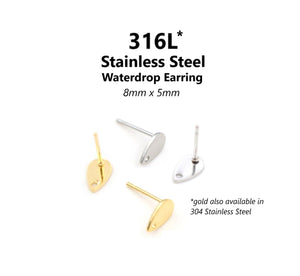 10pcs - 8x5mm, 316 stainless steel, thin, waterdrop, raindrop, teardrop, earring post, steel & gold