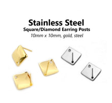 Load image into Gallery viewer, 10pcs - 10mm, stainless steel, earring post, square, diamond, steel, gold, earring hook, connector, component, jewelry, DIY