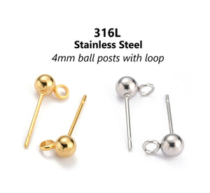 10pcs - 4mm, 316L surgical stainless steel, earring ball post, loop, connector, component, jewelry, DIY