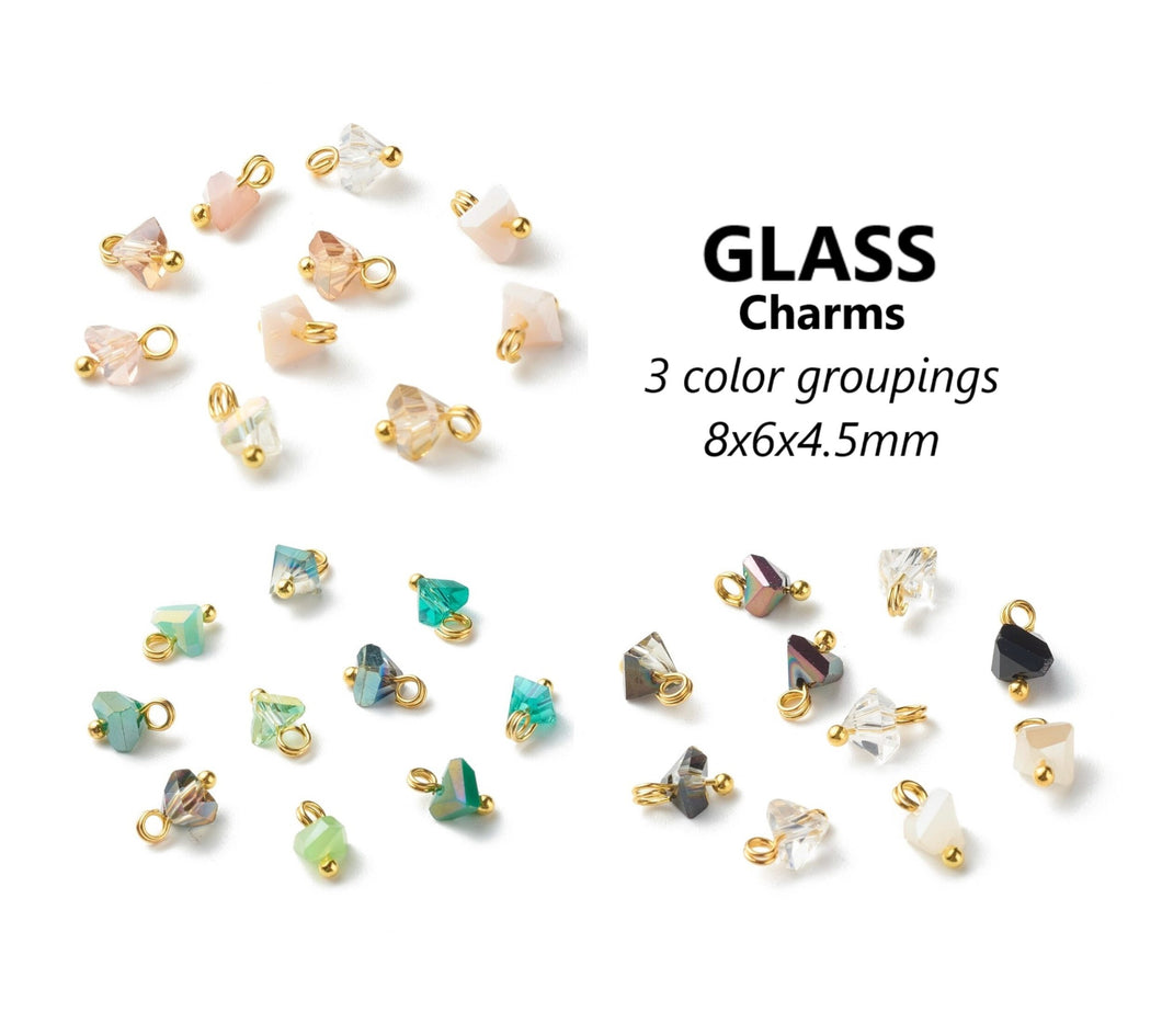 50pcs - 8x6mm, 3glass charm, gold, clear, black, peach, pink, aquamarine, blue, green, earring accessory, finding, component, jewelry, DIY