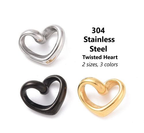 2pcs - 13x16mm, Stainless Steel, twisted heart, distorted, charm, pendant, gold, steel, black, craft, jewelry making, finding, diy