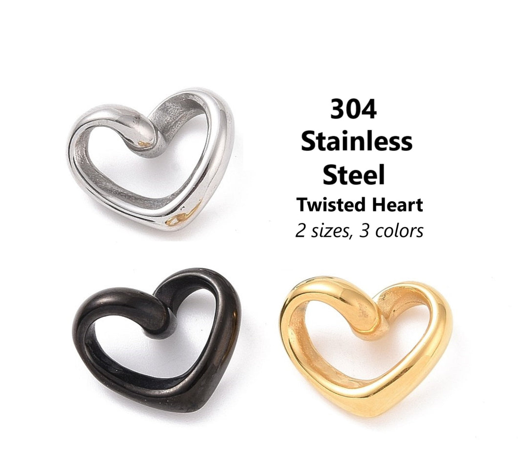 2pcs - 13x16mm, Stainless Steel, twisted heart, distorted, charm, pendant, gold, steel, black, craft, jewelry making, finding, diy
