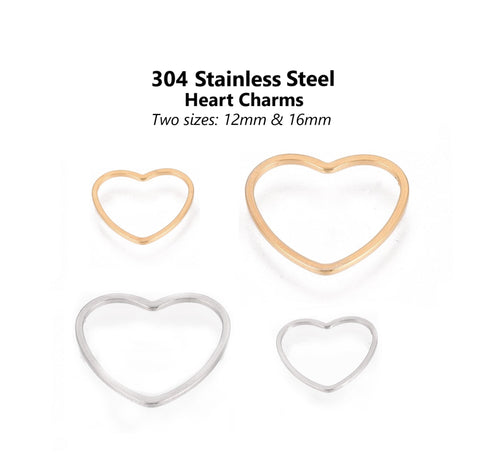 20pcs - 12mm, 16mm, 304 Stainless Steel, heart, charm, pendant, gold, steel, craft, jewelry making, finding, diy, heart