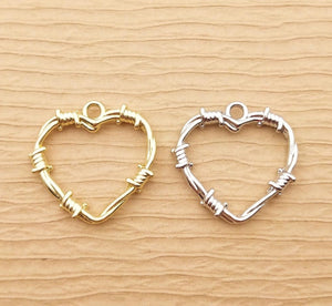 4pcs - 24mm, barbed wire, heart, thorn, silver, gold, black, charm, dangle, pendant, earring, component, jewelry