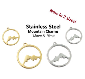 4pcs - 12mm, 18mm, Stainless Steel, charm, mountain, pendant, gold, steel, craft, jewelry making, finding, diy