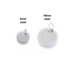 Load image into Gallery viewer, 10pcs - 6mm, 10mm, 304 stainless steel, charm, tiny, round, jump ring, blanks, stamping, tags, flat, jewelry, necklace, earrings