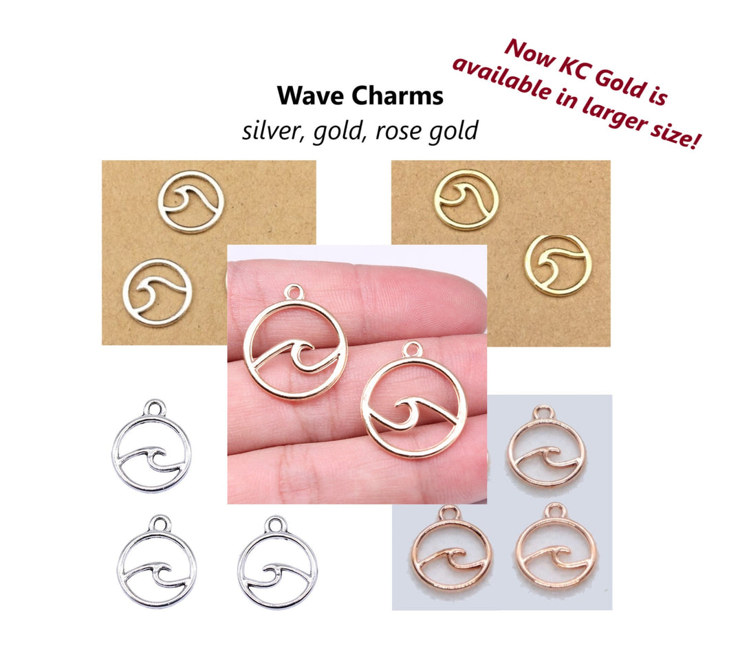 10pcs - 11,12mm, charm, waves, sea, ocean, nautical, pendant, silver, gold, rose gold, round, jewelry making, necklace, bracelet, earrings
