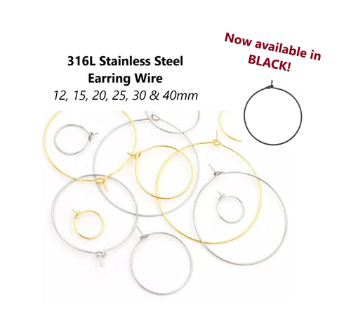 20pcs - 12-40mm, 316L surgical stainless steel, earring wires, hoop wire, posts, earring base, connector, component, jewelry, DIY