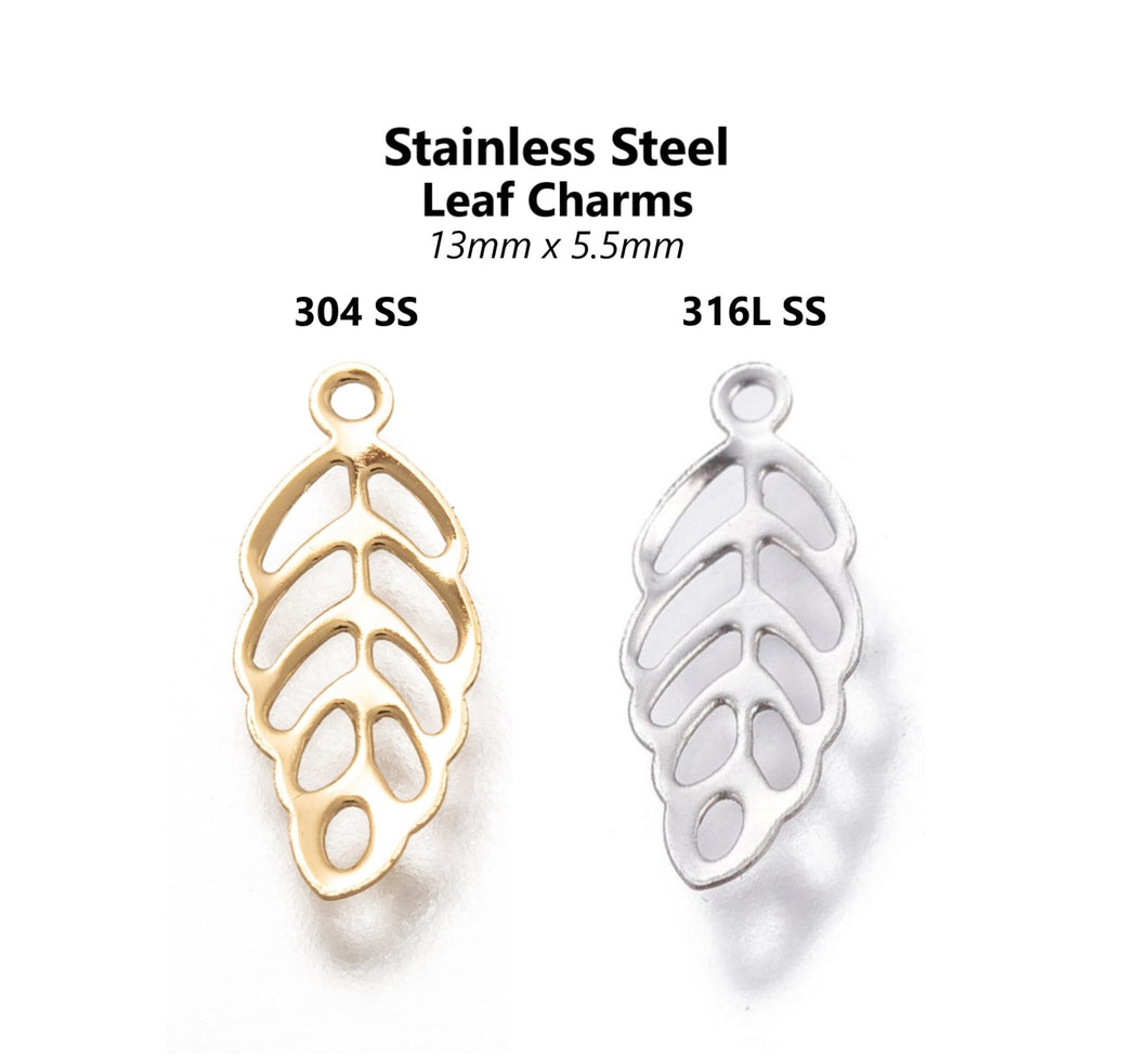 50pcs - 13x5.5m, 316 Stainless Steel, 304 stainless steel, gold, steel, leaf, leaves, filigree, component, jewelry findings