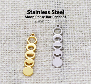 4pcs - 25x5mm, stainless steel, moon phases, bar pendant, steel, gold, pendant, earring, component, jewelry
