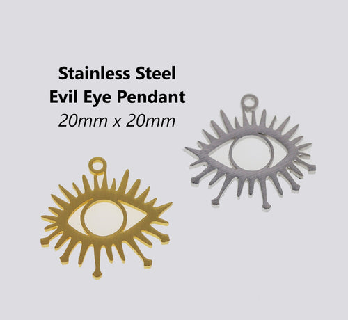 4pcs - 20x20mm, stainless steel, evil eye, protection, steel, gold, pendant, charm, earring, component, jewelry