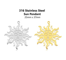 Load image into Gallery viewer, 1pc - 37x35mm, 316 stainless steel, sunburst, face, steel, gold, sun rays, pendant, earring, component, jewelry