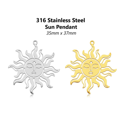 1pc - 37x35mm, 316 stainless steel, sunburst, face, steel, gold, sun rays, pendant, earring, component, jewelry