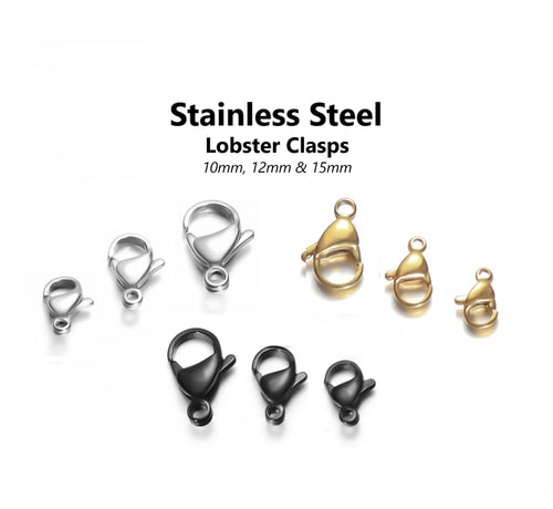 20pcs - 10, 12, 15mm, stainless steel lobster clasps, steel, gold, black, jewelry making, earrings, finding, bracelets, necklaces, craft