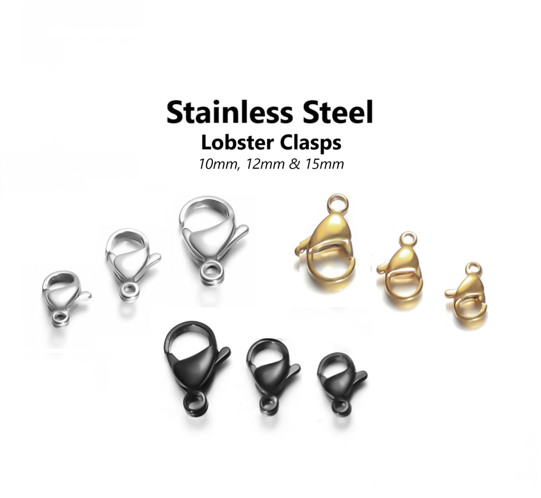 20pcs - 10, 12, 15mm, stainless steel lobster clasps, steel, gold, black, jewelry making, earrings, finding, bracelets, necklaces, craft
