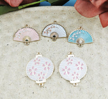 Load image into Gallery viewer, 4pcs - 24x20mm, connector, enamel, alloy, lead and cadmium free, fan, blue, peach, white,charm, dangle, pendant, earring, component, jewelry