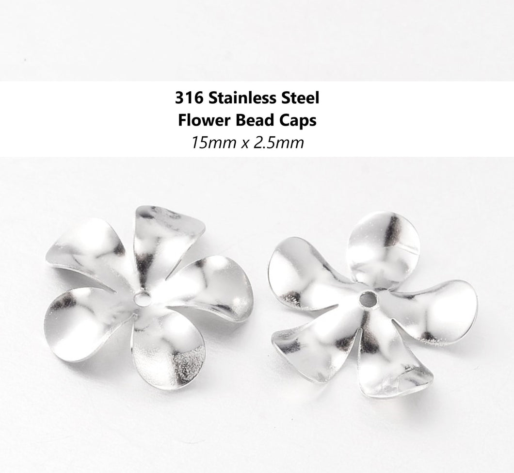 50pcs - 15x2.5mm, 316 stainless steel, flower bead caps, surgical stainless steel, earring, necklace, finding, jewelry making, DIY, craft