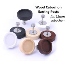 Load image into Gallery viewer, 10pcs - 12mm, wood earring blank, stainless steel post, cabochon, screw on back, earring, loop, connector