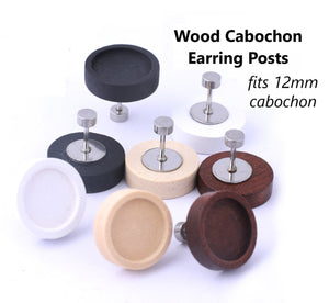 10pcs - 12mm, wood earring blank, stainless steel post, cabochon, screw on back, earring, loop, connector