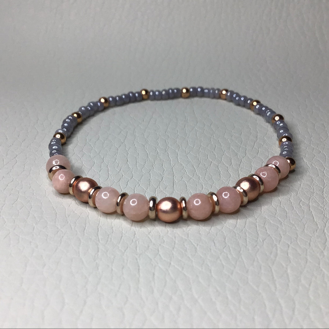 Bracelets | Natural Stone | Pink Jade, Rose Gold and Gray Beaded Bracelet | pink | gray | grey | rose gold | Handmade | Beaded Bracelets