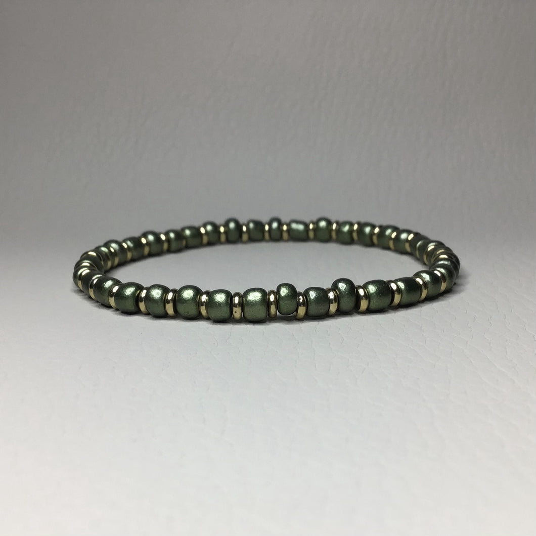 Bracelets | By Color | Metallic Olive Green and Gold Beaded Bracelet | Handmade | Beaded Bracelets